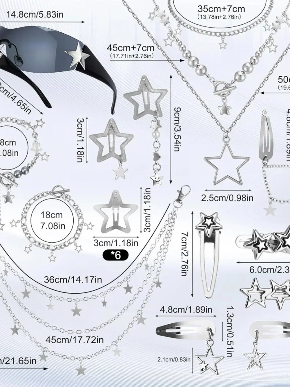 23pcs for Women Included Star Earrings Layered Pants Chain Sunglasses Hair Clips - Picture 2 of 8